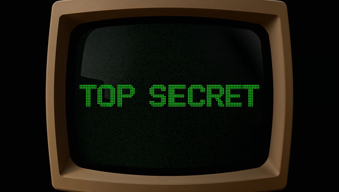 Retro CRT Monitor Displaying Neon Green TOP SECRET Text on Dark Background