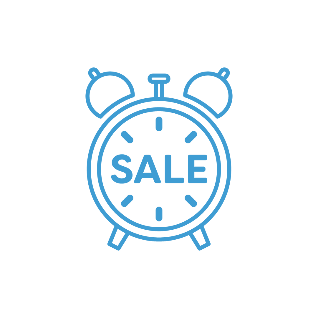 Transparent Blue Alarm Clock Icon with Sale Message