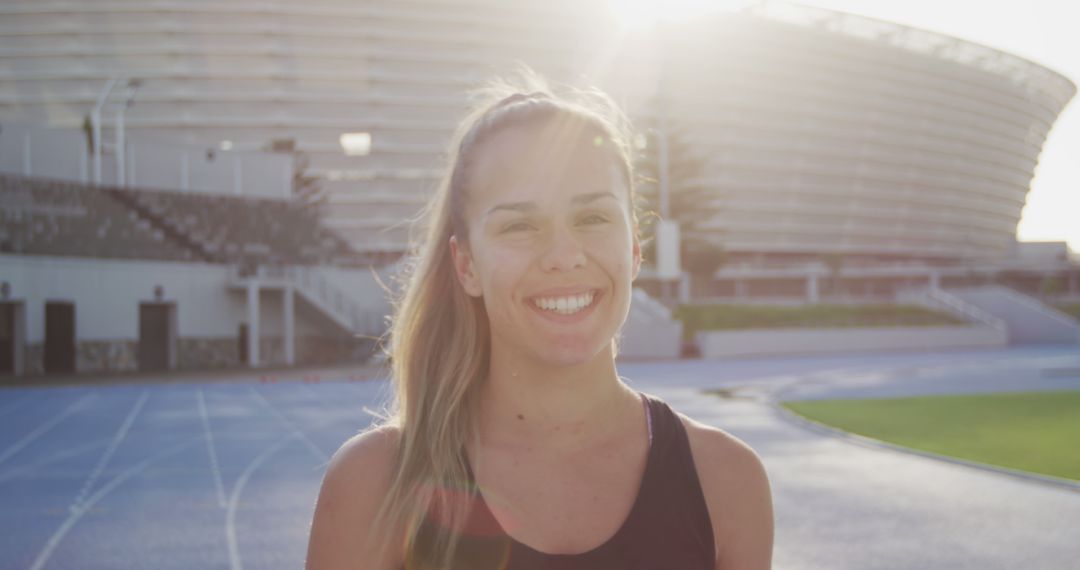 Smiling Female Athlete at Stadium in Sunlight - Free Images, Stock Photos and Pictures on Pikwizard.com