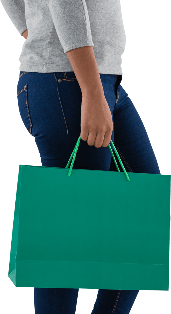 Midsection of Woman Holding Green Shopping Bag on Transparent Background
