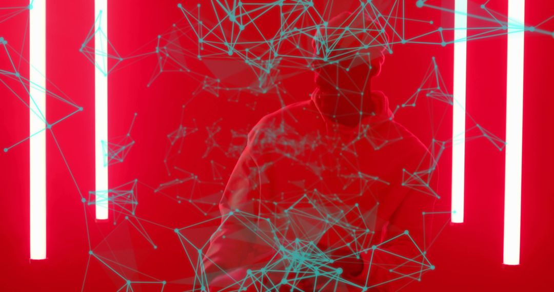 Futuristic Man in Cyber Networked Red Studio Environment