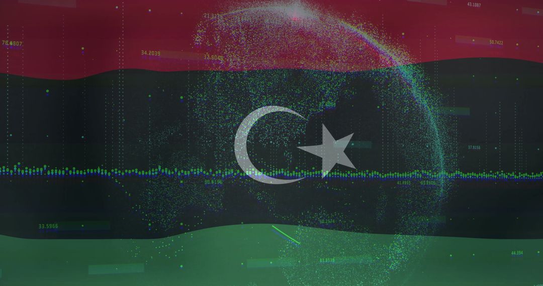 Libya Flag with Point Cloud Globe and Data Chart Overlay