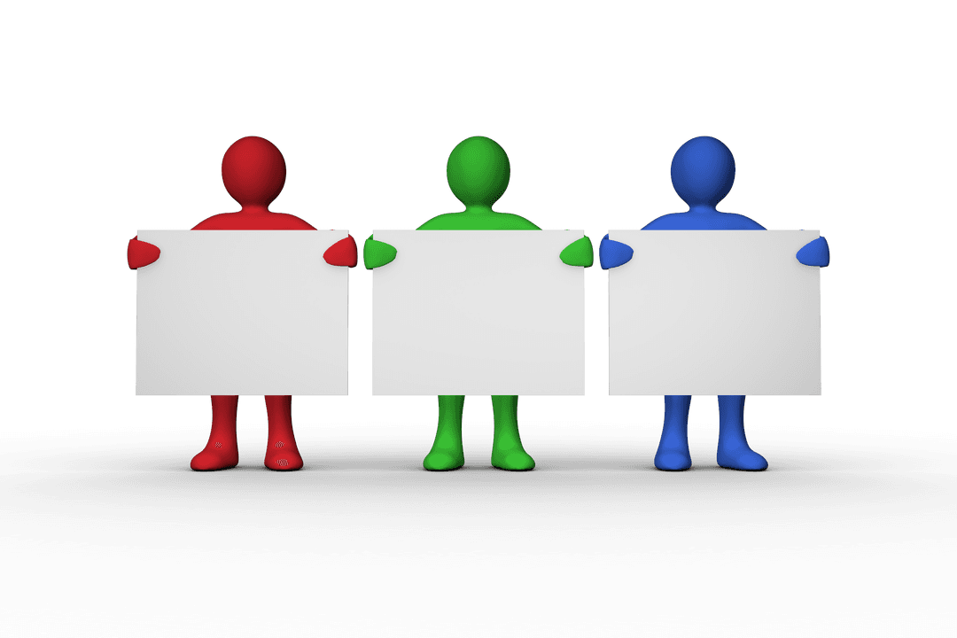 Colorful Transparent Figures Holding Blank Signs on Gray Background