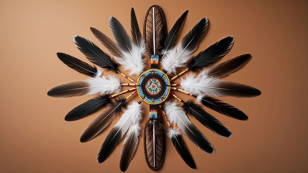 Decorative Feathered Dreamcatcher with Beaded Circular Frame on Brown Surface