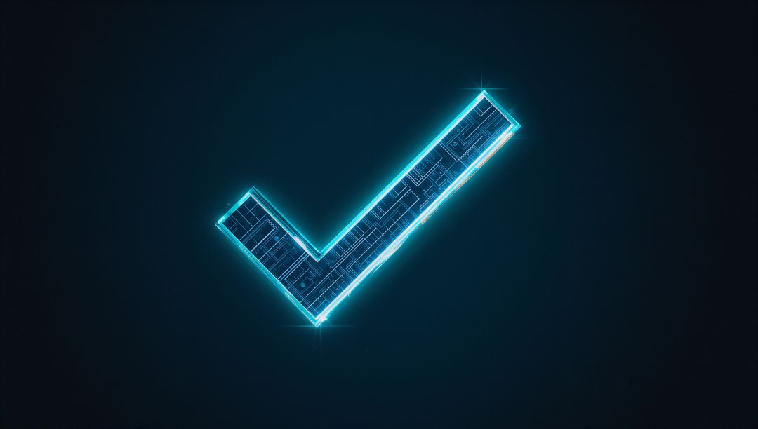Floating Neon Digital Check Mark on Dark Background