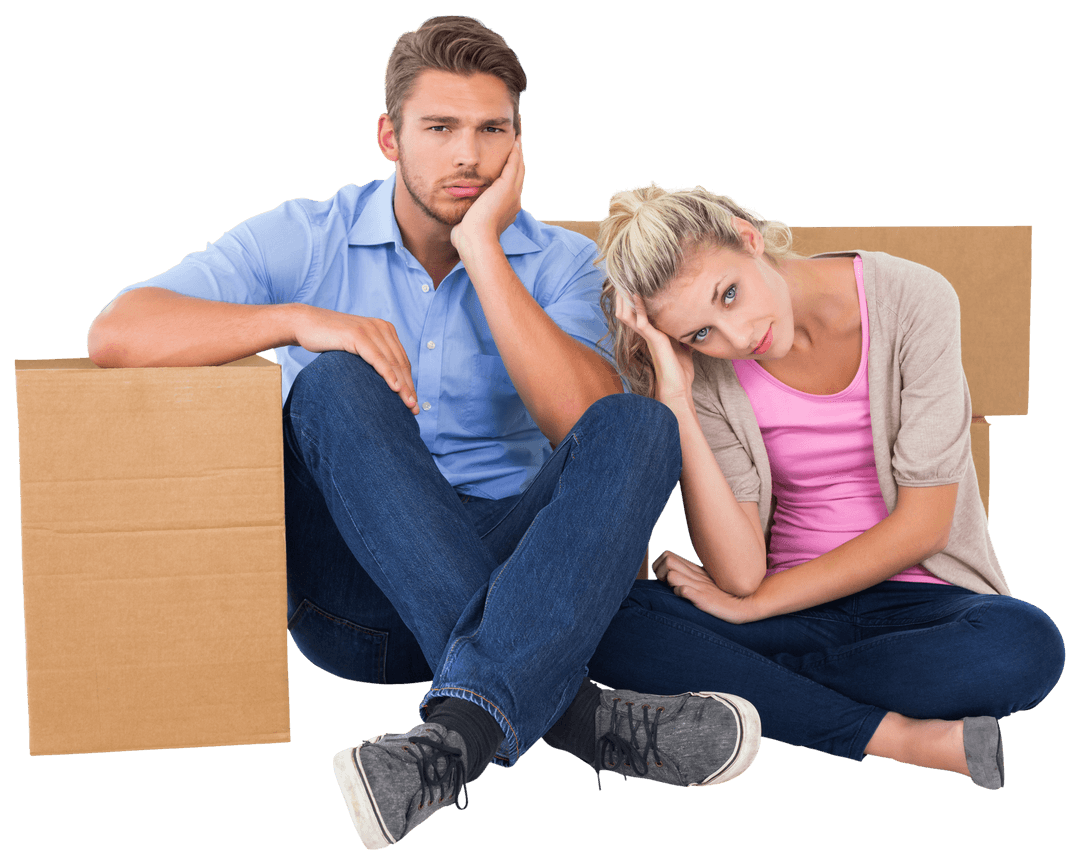Transparent Moving Stress Unhappy Couple Sitting Boxes Background