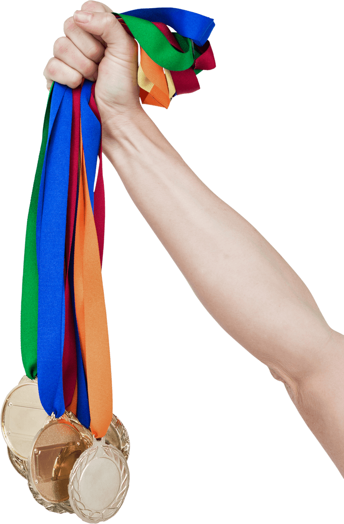 Hand Holding Multiple Transparent Winners Medals on Colorful Ribbons