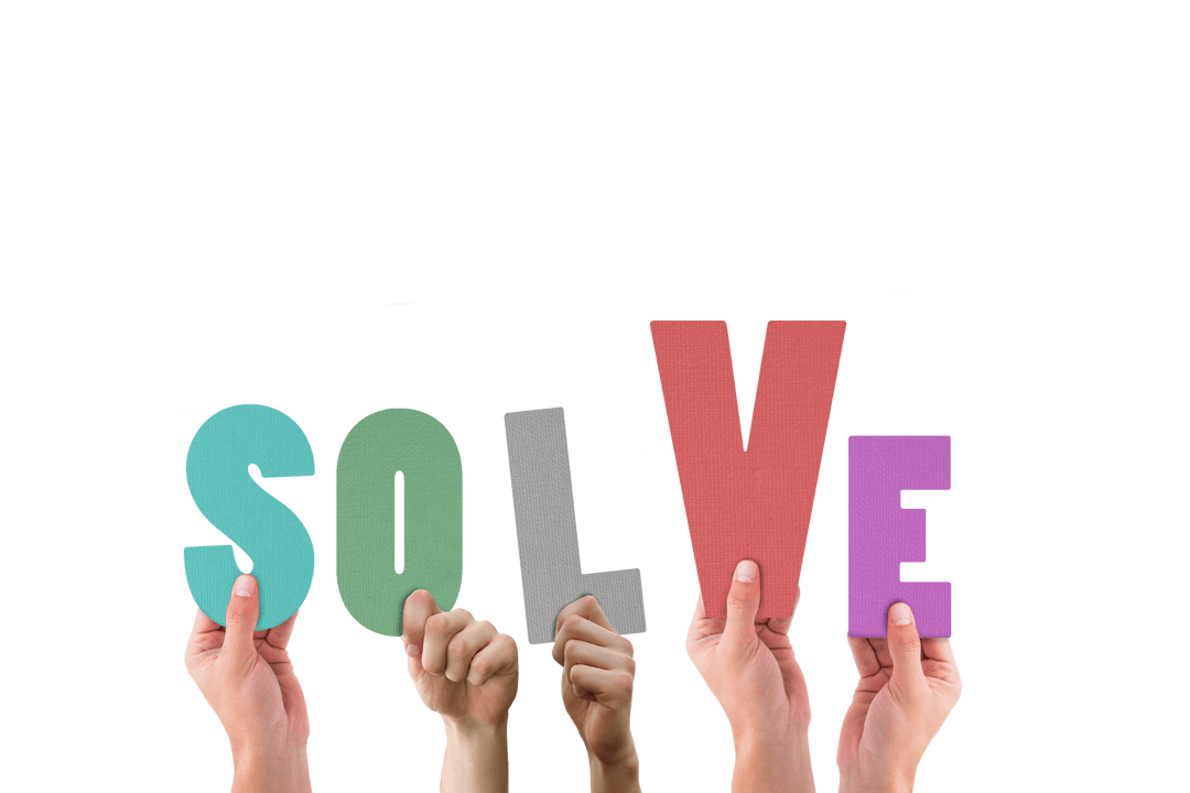 Colorful Hands Holding Solve Text on Transparent Background