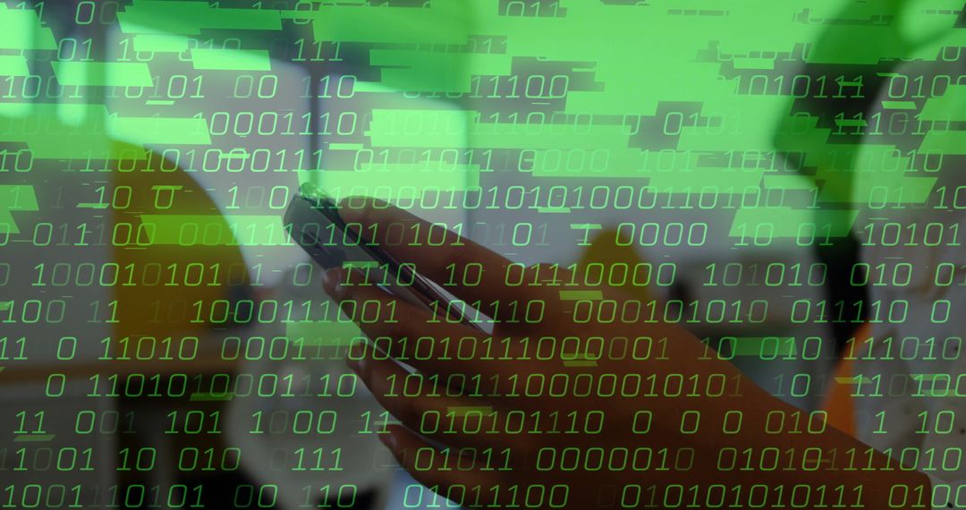 Hand Holding Smartphone Overlaying Digital Binary Code