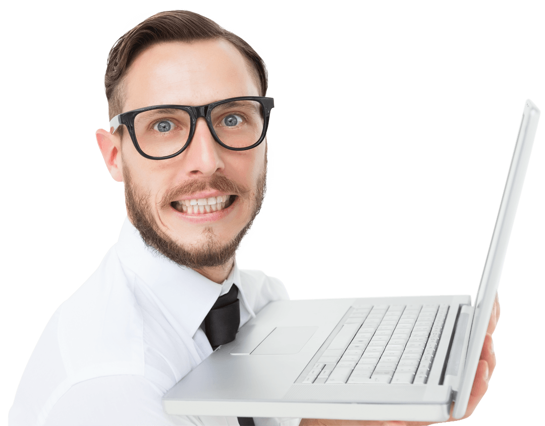 Transparent Background with Geeky Businessman Holding Laptop