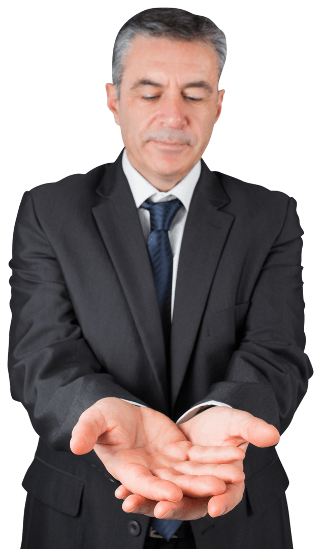 Confident Businessman Holding Open Palms on Transparent Background