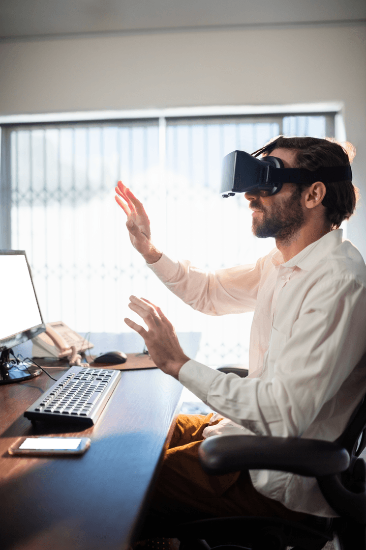 Businessman Experiencing Virtual Reality in Modern Office Space
