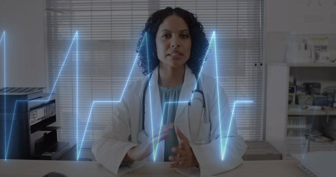 Confident Female Doctor Engaging in Virtual Consultation with Cardio Imagery
