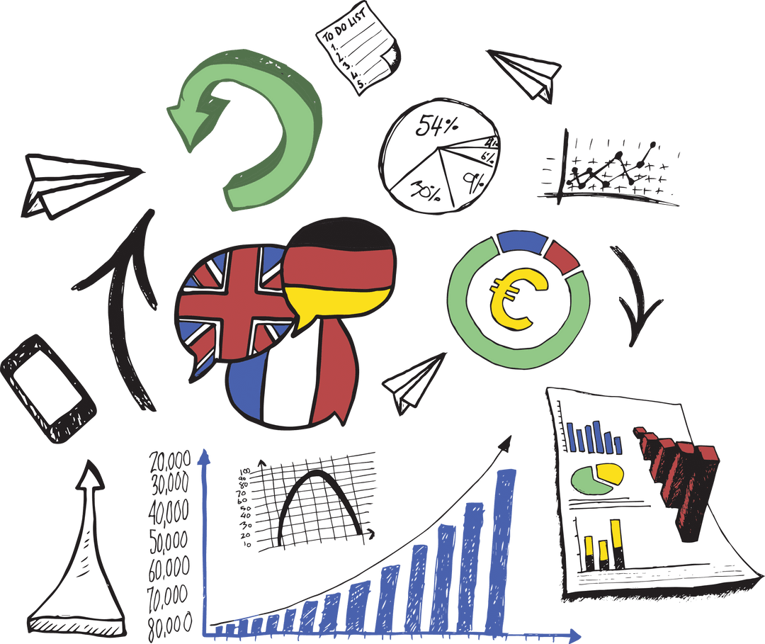 European Economic Data Illustration with Flag Icons on Transparent Background