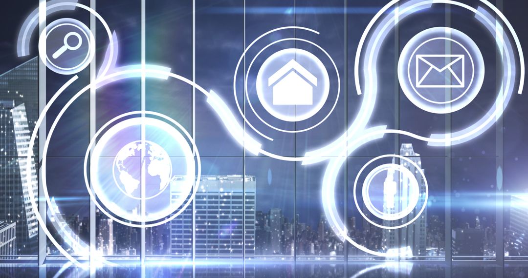 Futuristic Digital Network Interface Over Cityscape