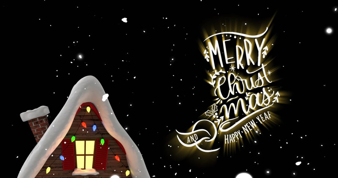 Snowy Chalet with Merry Christmas Greeting Under Night Sky
