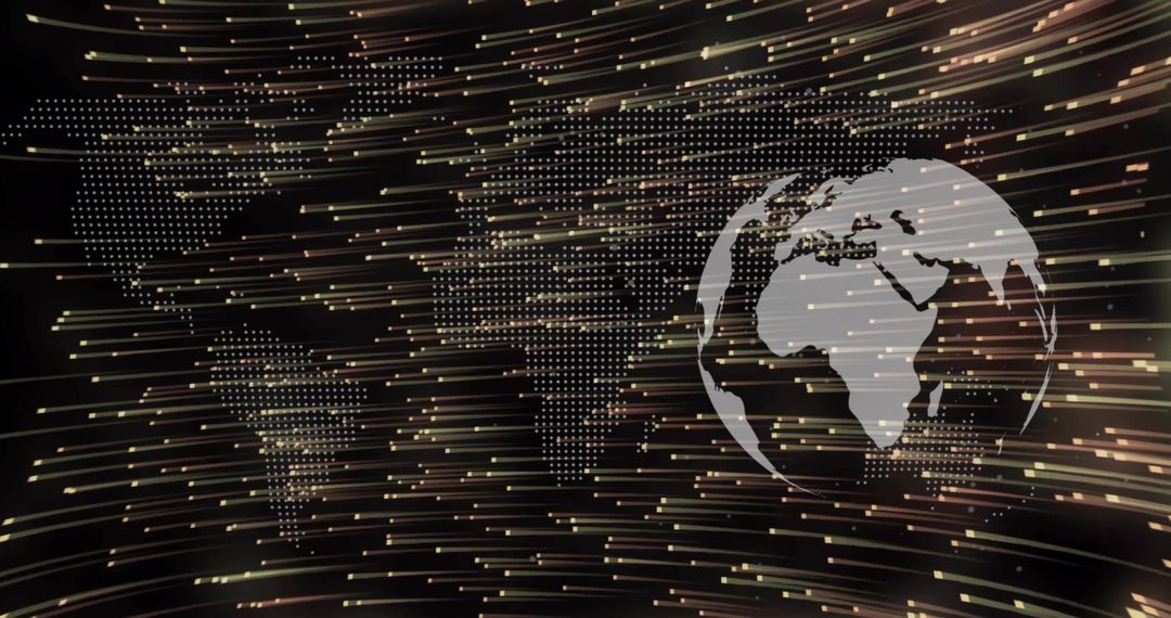 Digital World Map with Streaks of Data and Transparent Globe Overlay