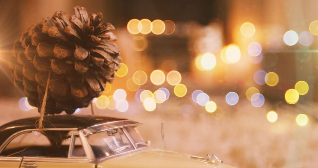 Festive Pine Cone on Classic Car Ornament with Glowing Bokeh