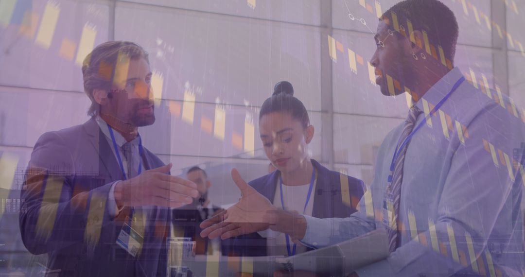 Diverse Business Team Discussing with Financial Data Overlay