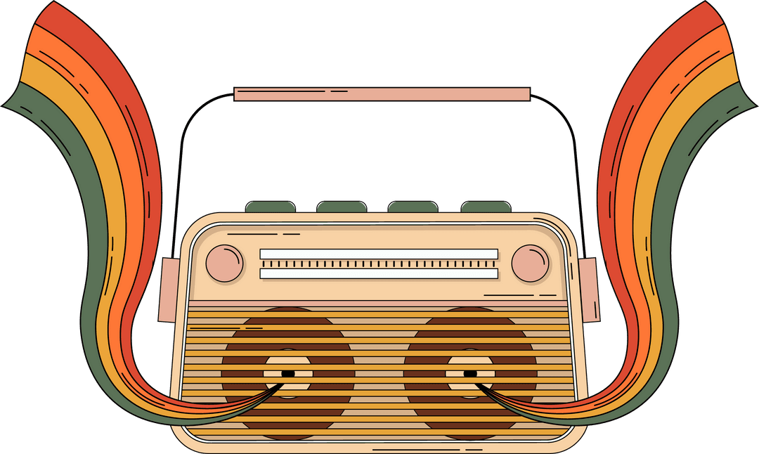 Retro Radio Emitting Rainbow Sound-Waves on Transparent Background