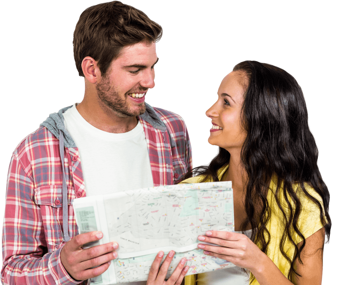 Smiling Couple With Map Planning Adventure on Transparent Background