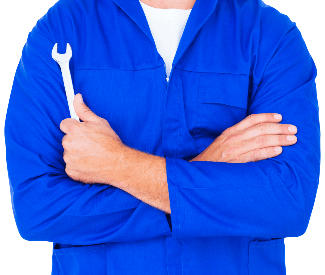 Transparent Mechanic Holding Wrench Closeup on Folded Arms