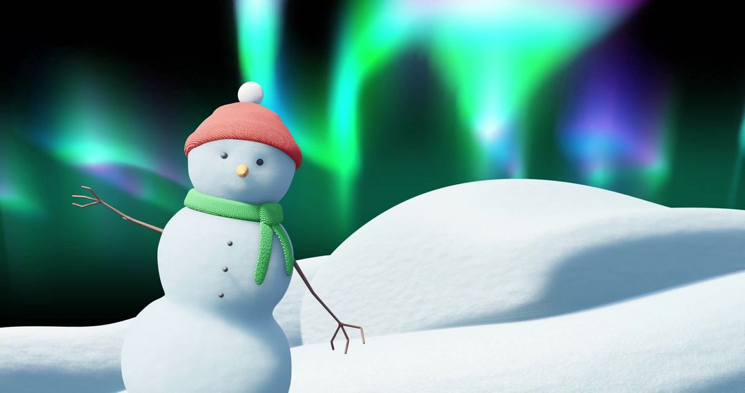 Festive Snowman with Aurora Borealis Display in Background