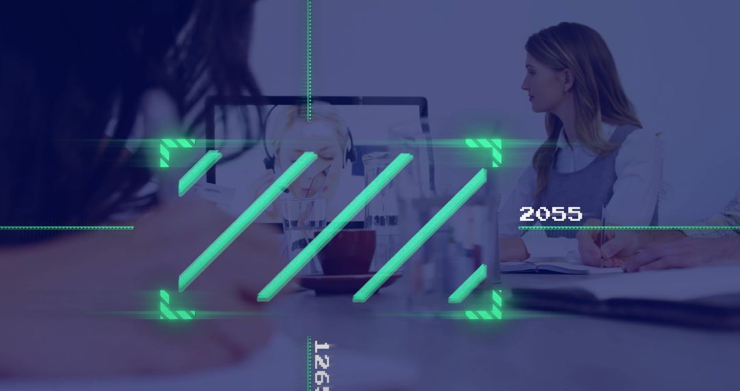 Diverse Business Team with Data Processing Overlay in Modern Office