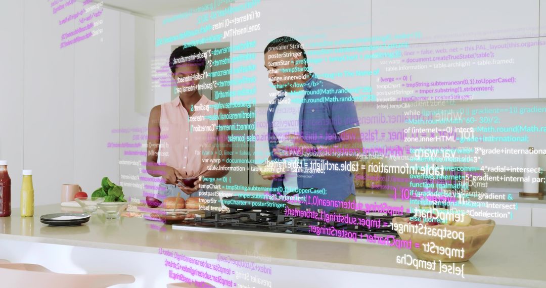 Blending coding and cooking: team collaborating in modern kitchen with code overlay