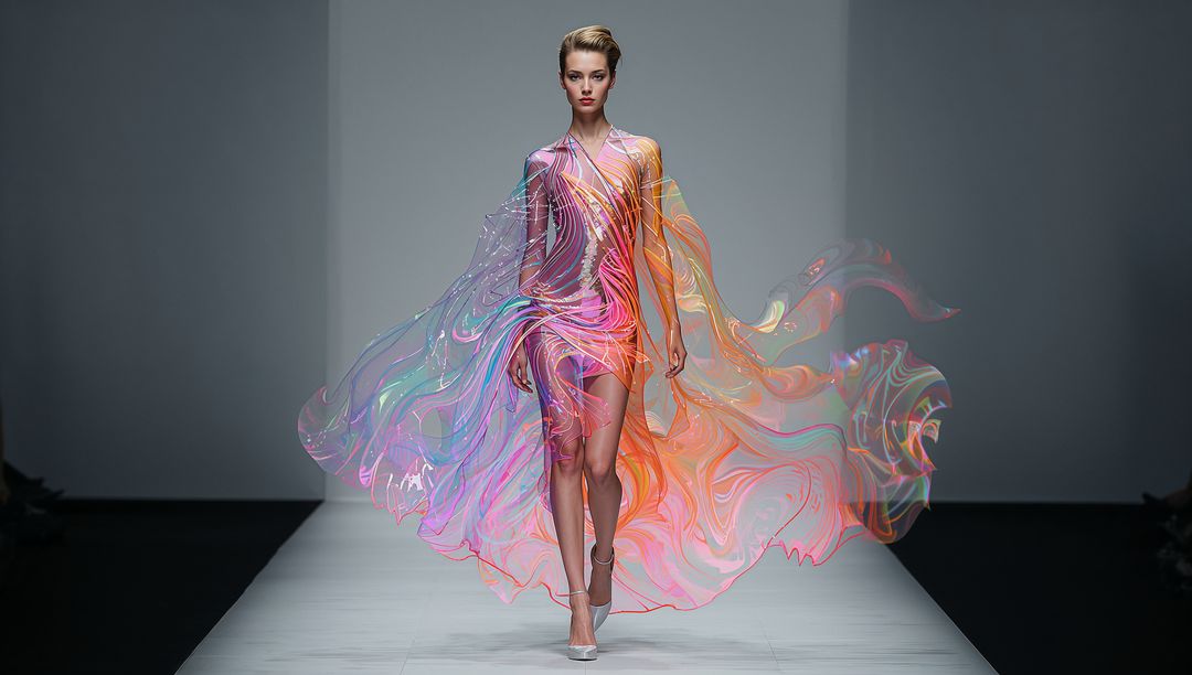 Ethereal Iridescent Runway Gown Flowing Sheer Couture Dress with Rainbow Pastel Waves