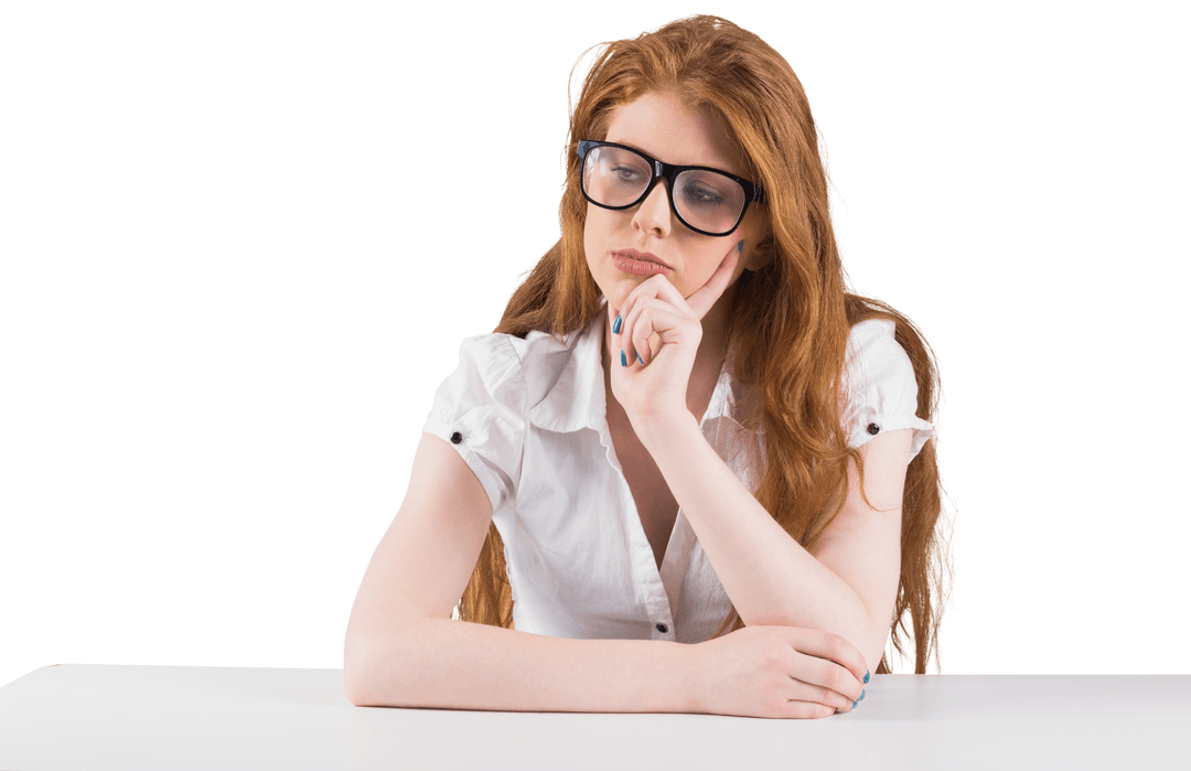 Transparent Redhead Woman Pondering in Glasses at Desk