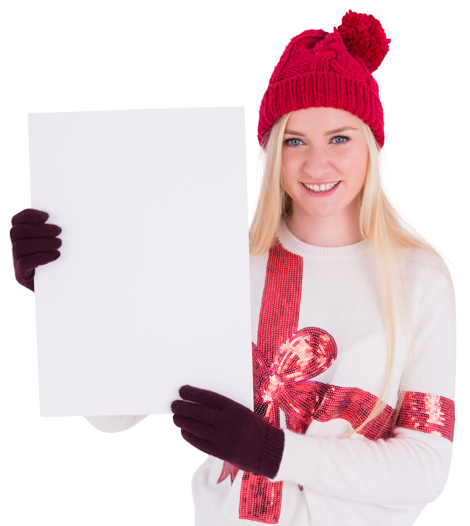 Cheerful Young Woman in Festive Sweater Holding Transparent Blank Banner - Download Free Stock Images Pikwizard.com