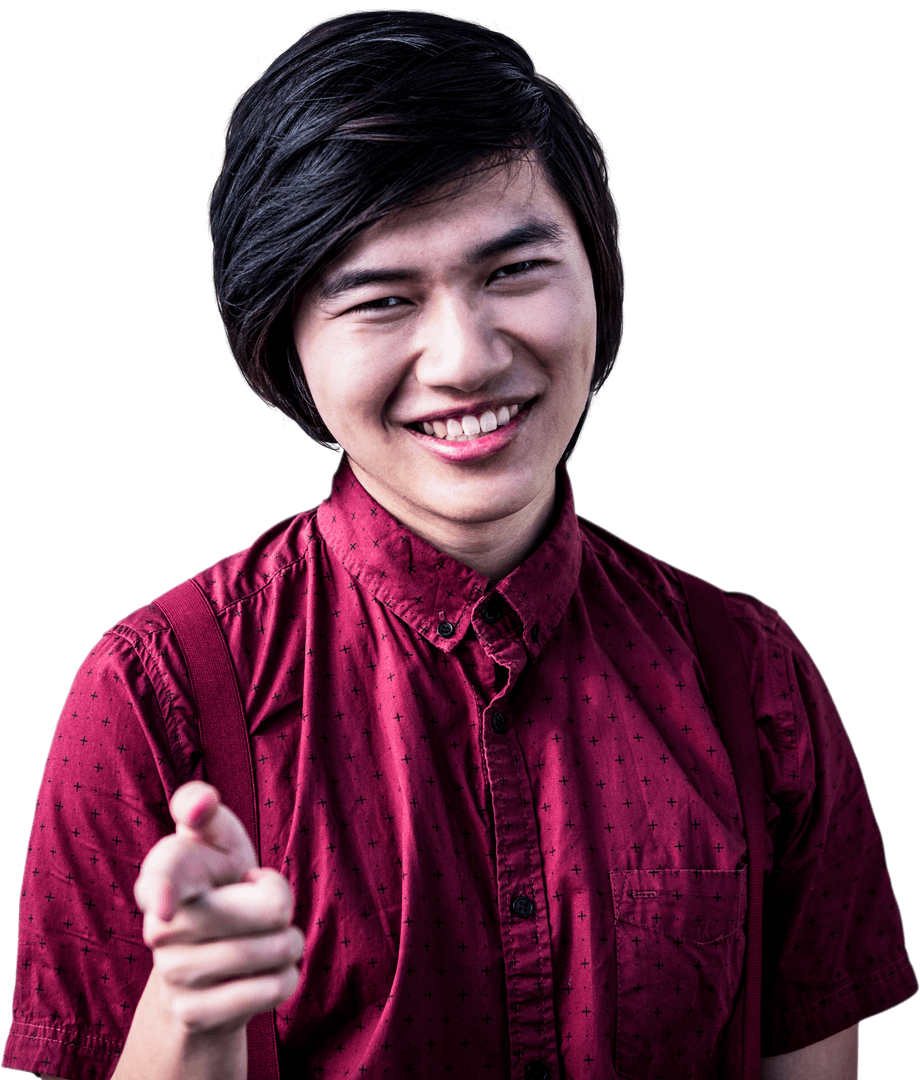 Smiling Hipster in Red Shirt Pointing at Camera Transparent Background