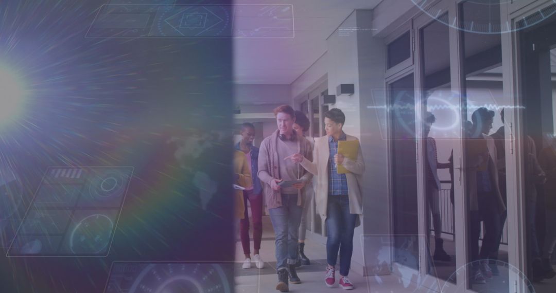 Multiracial Business Team Walking in Office with Digital Overlay