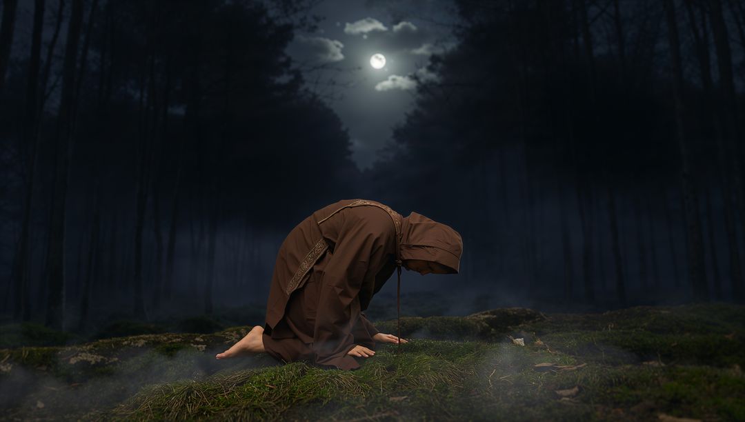 Hooded Monk Kneeling in Moonlit Forest Clearing
