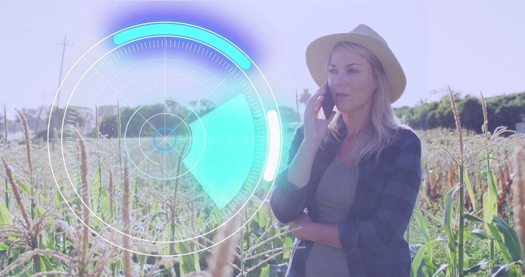 Digital Interface with Woman in Cornfield Using Smartphone