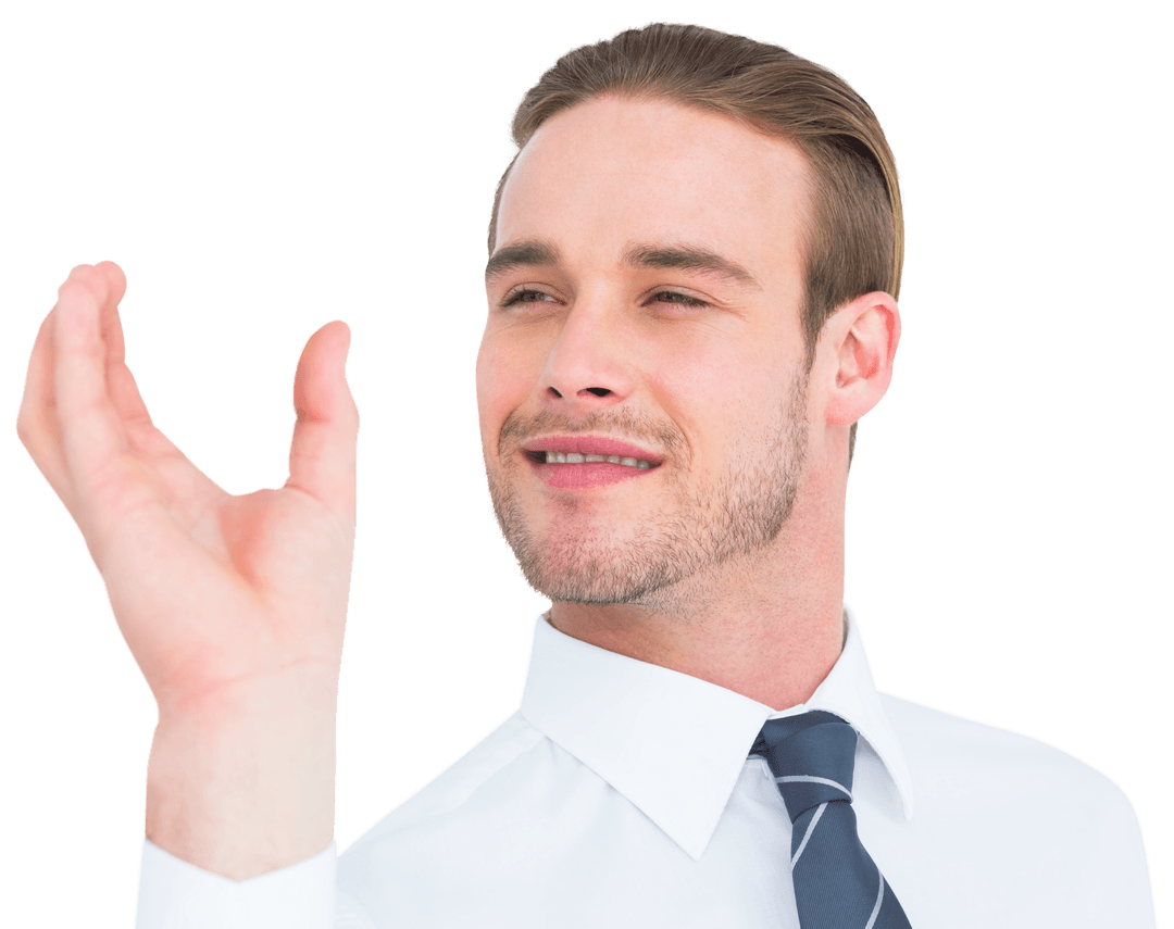 Confident Businessman Gesturing with Elevated Hand in Transparent Background