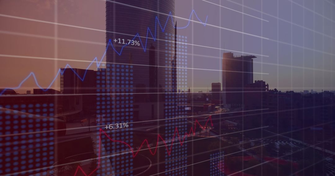 City Skyline with Overlay of Financial Graphs