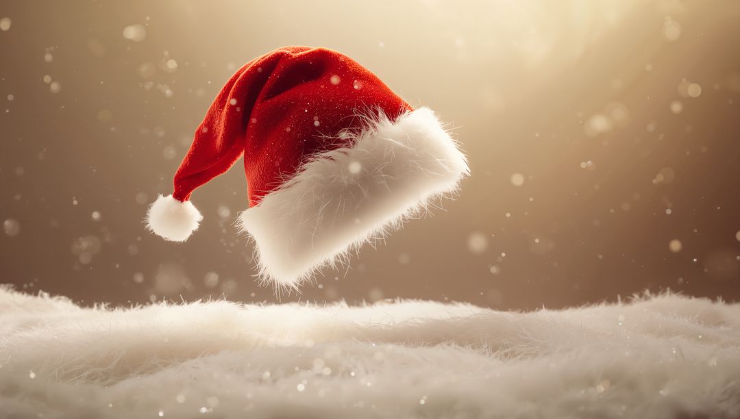 Floating Santa Hat over Plush Snow with Warm Golden Backlight and Sparkling Snowflakes