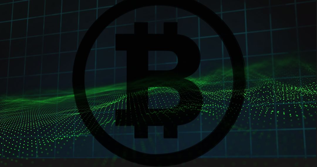 Bitcoin Logo with Digital Green Data Waves