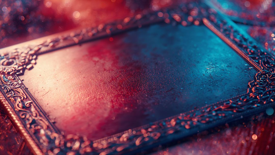 Ornate Frame Lying on Glittering Table with Red Blue Lighting