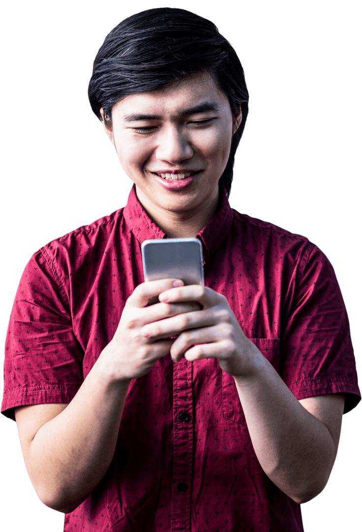 Transparent Background of Smiling Man Using Smartphone in Red Shirt
