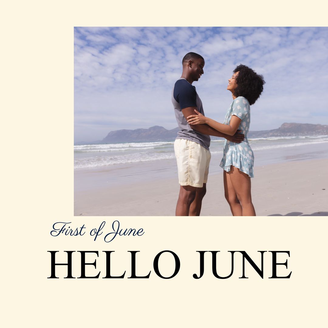 Joyful Couple Embracing by Ocean at Sunset in June
