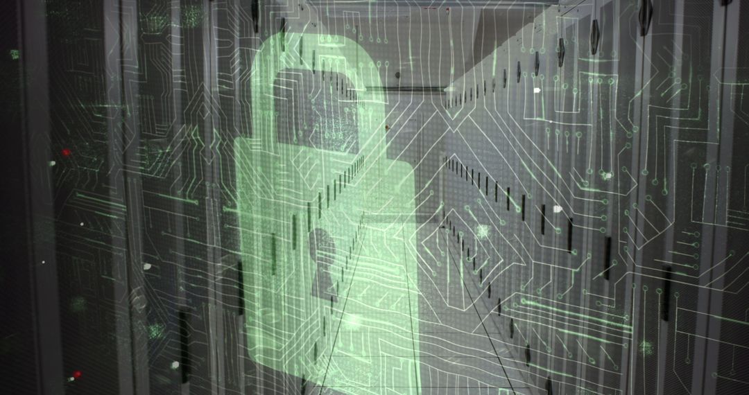 Cybersecurity Concept with Padlock and Server Room