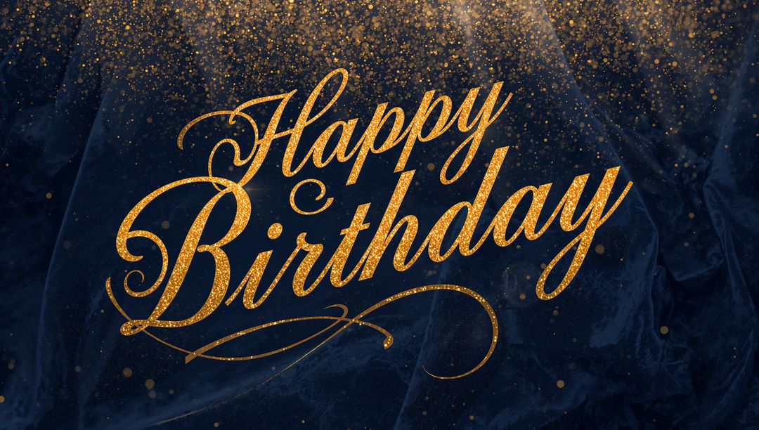 Elegant Gold Script Happy Birthday Lettering on Navy Velvet Backdrop with Glitter Confetti
