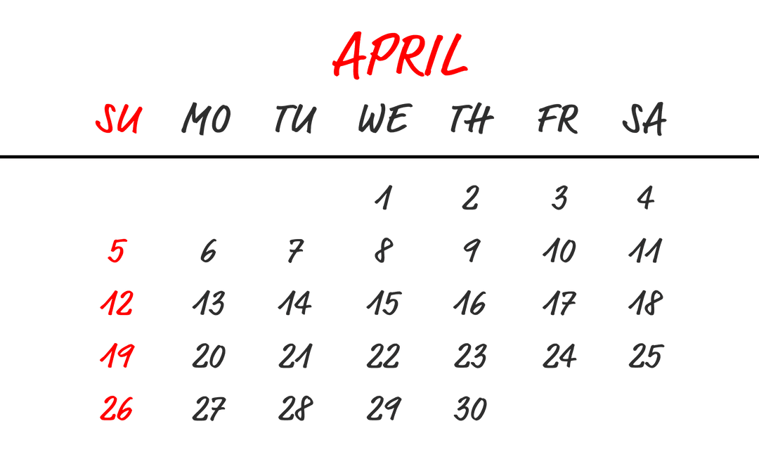 April Calendar Page on Transparent Background Illustration