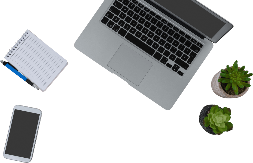 Transparent Desk Setup with Laptop, Smartphone, Notepad and Plants