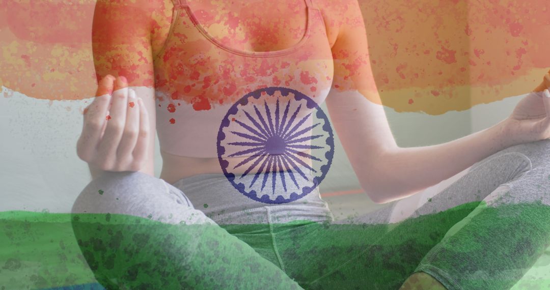 Woman Meditating with Indian Flag Symbolizing Peace and Unity