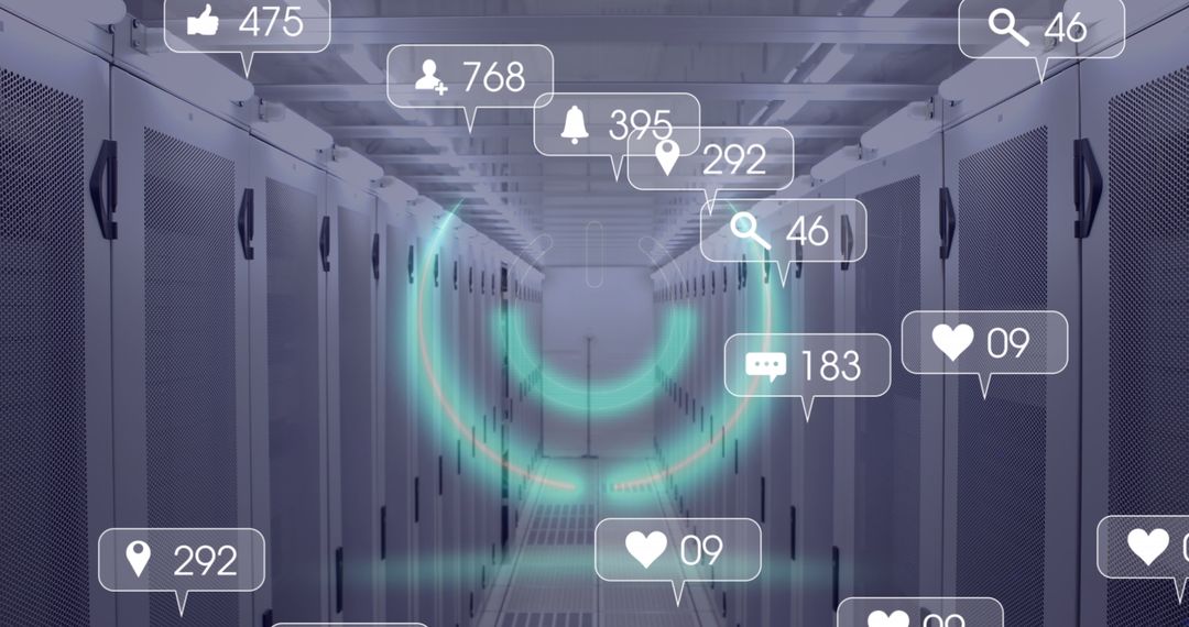 Social Media Icons Overlay on Server Room Depicts Data Connectivity