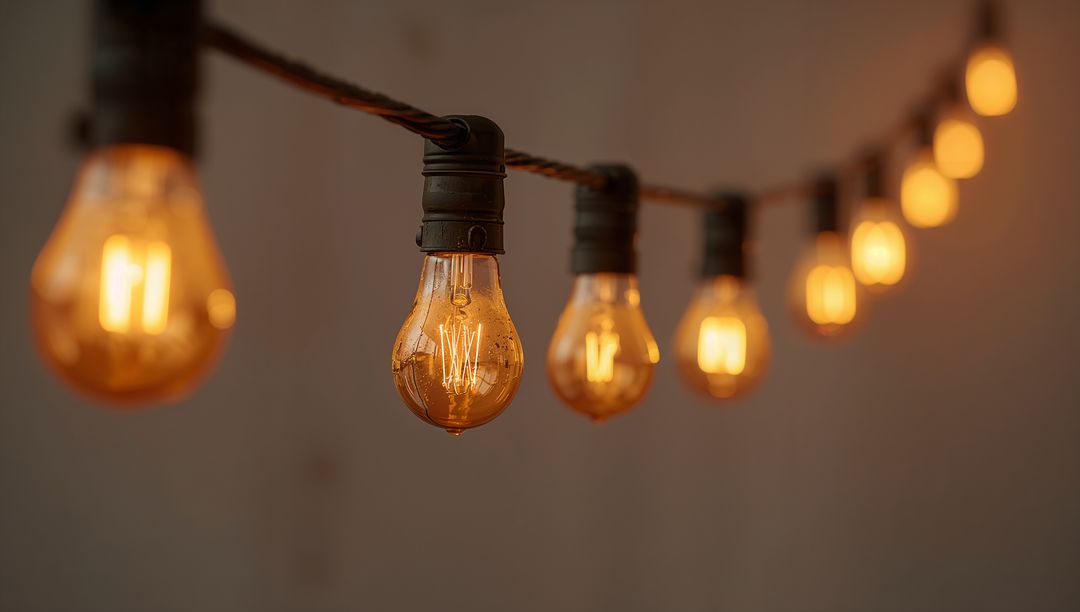 Glowing Edison Bulbs Hanging on Twisted Cord with Amber Filament and Warm Bokeh Glow